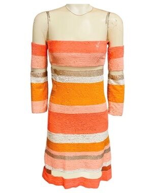 KAUFMANFRANCO PEACH / ORANGE / BEIGE MESH TULLE TRIMMED SEQUINED DRESS